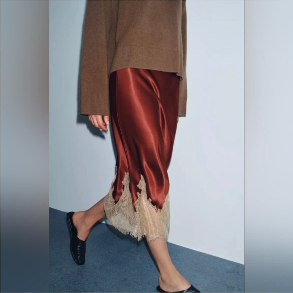 Zara Rust Brown Satin Midi Skirt with Beige Lace Hem